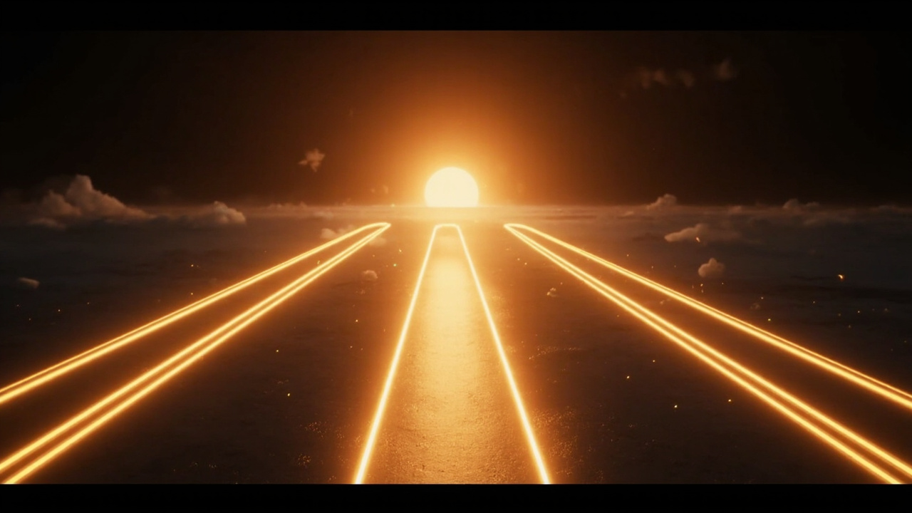 Three pathways of warm amber light converging toward a shared bright horizon
